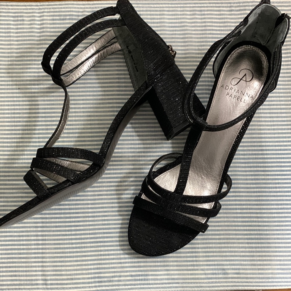 Adrianna Papell Black Glitter Strappy Heels for Formal Occasions